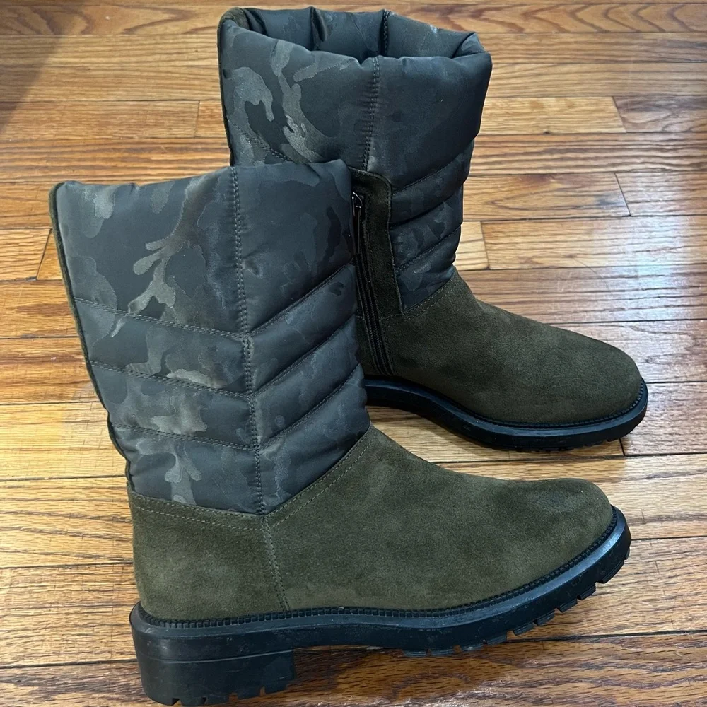 Aquatalia women‎ Lori olive green camouflage suede quilted puffer boots size 7